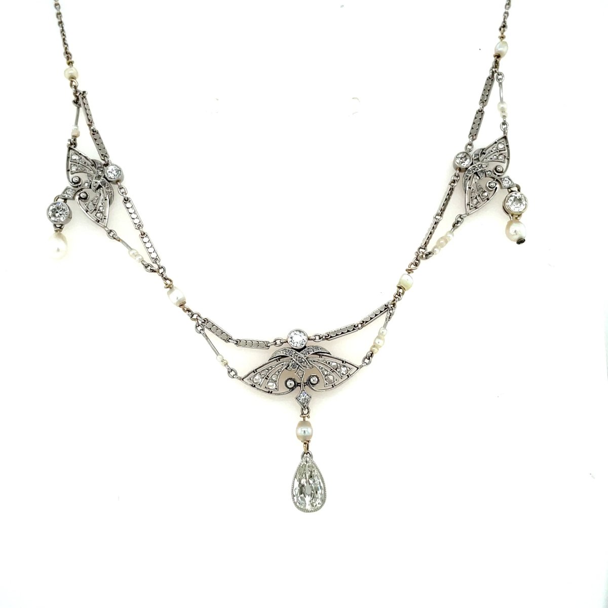 Edwardian Diamond Natural Pearls Necklace in Platinum - Castafiore