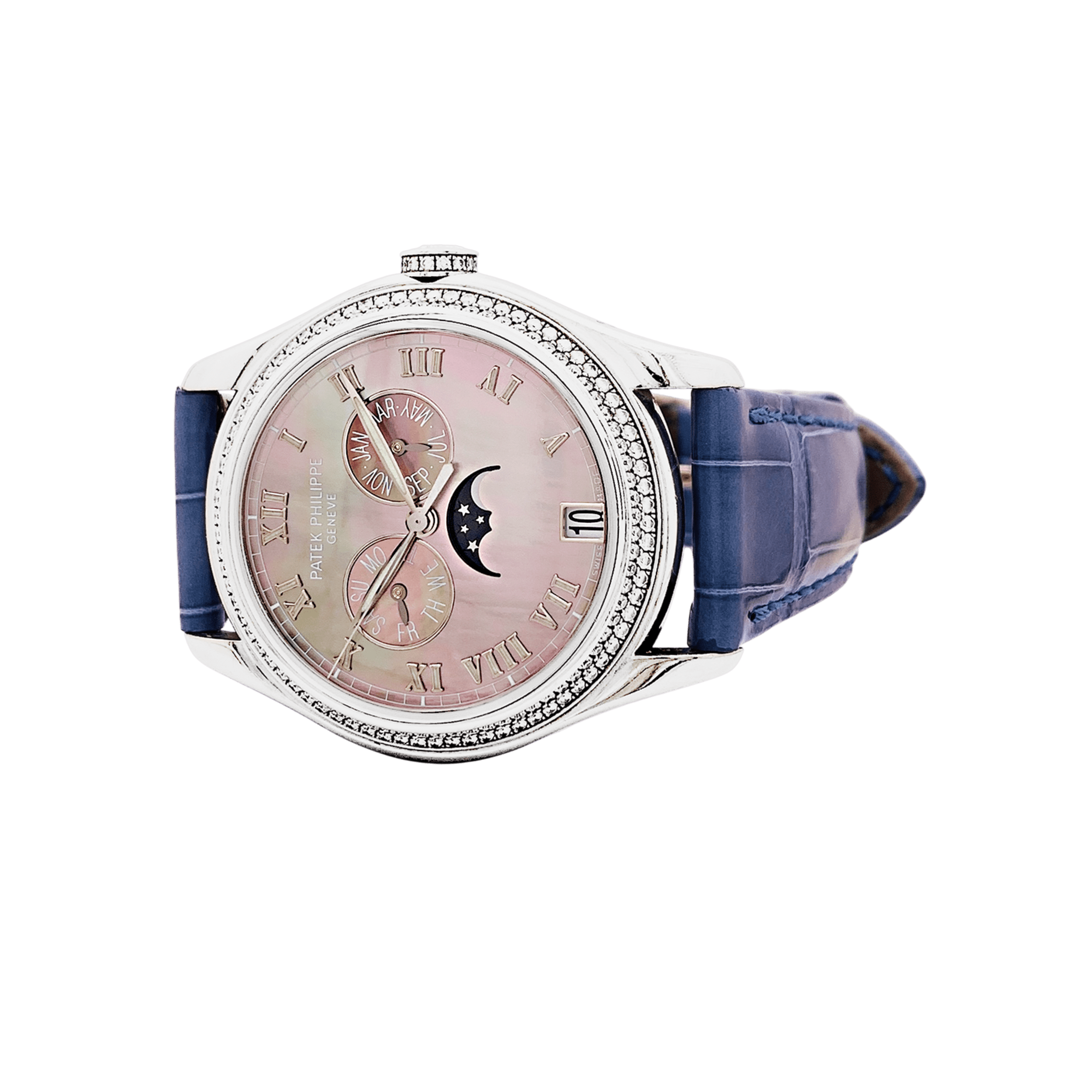 Montre Patek Philippe, "Annual Calendar", or blanc, nacre, diamants.