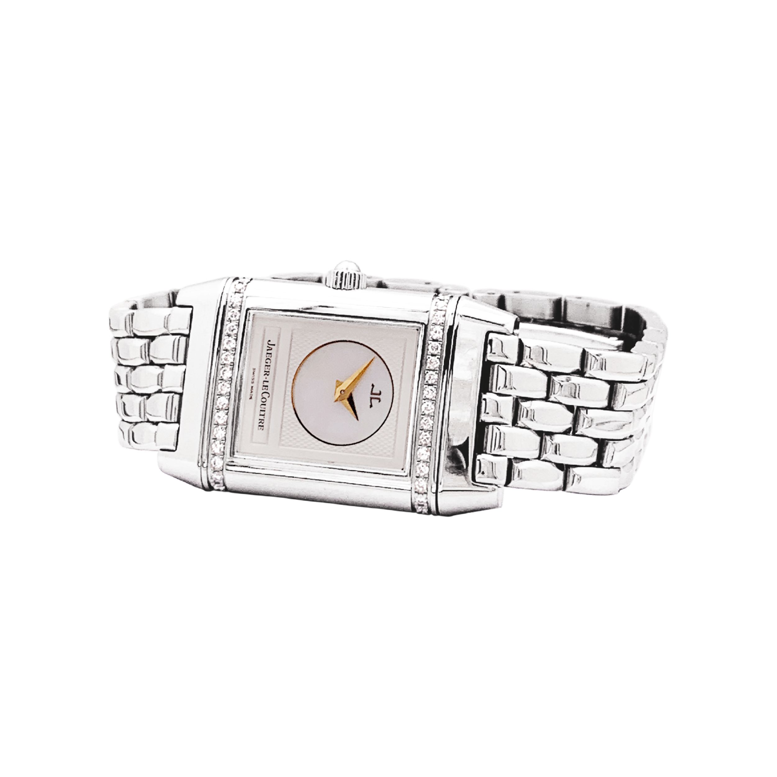 Montre Jaeger Lecoultre, "Reverso", acier et diamants.