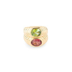 Élégante bague en or jaune, tourmaline rose et péridot dans le style BULGARI - Castafiore