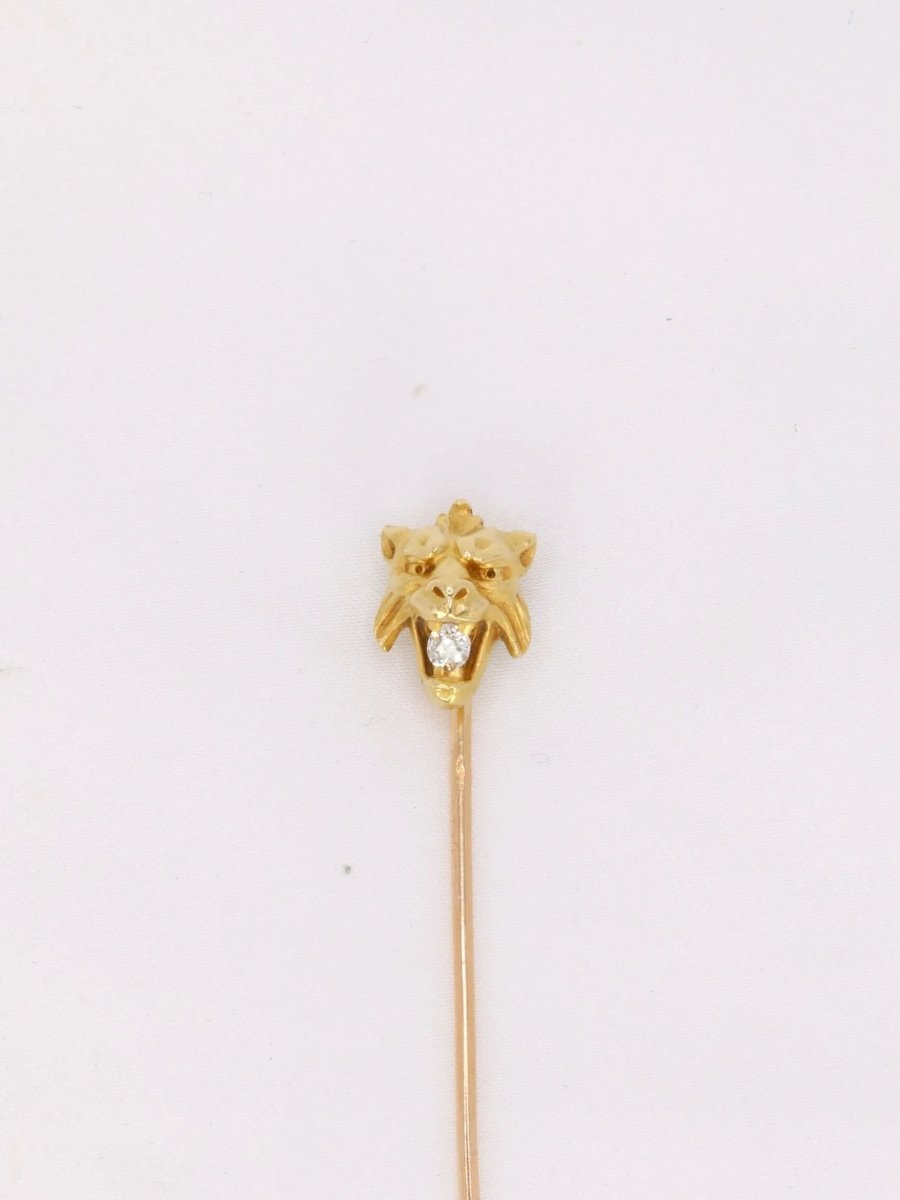 Épingle à cravate tête de félin or jaune diamant taille ancienne - Castafiore