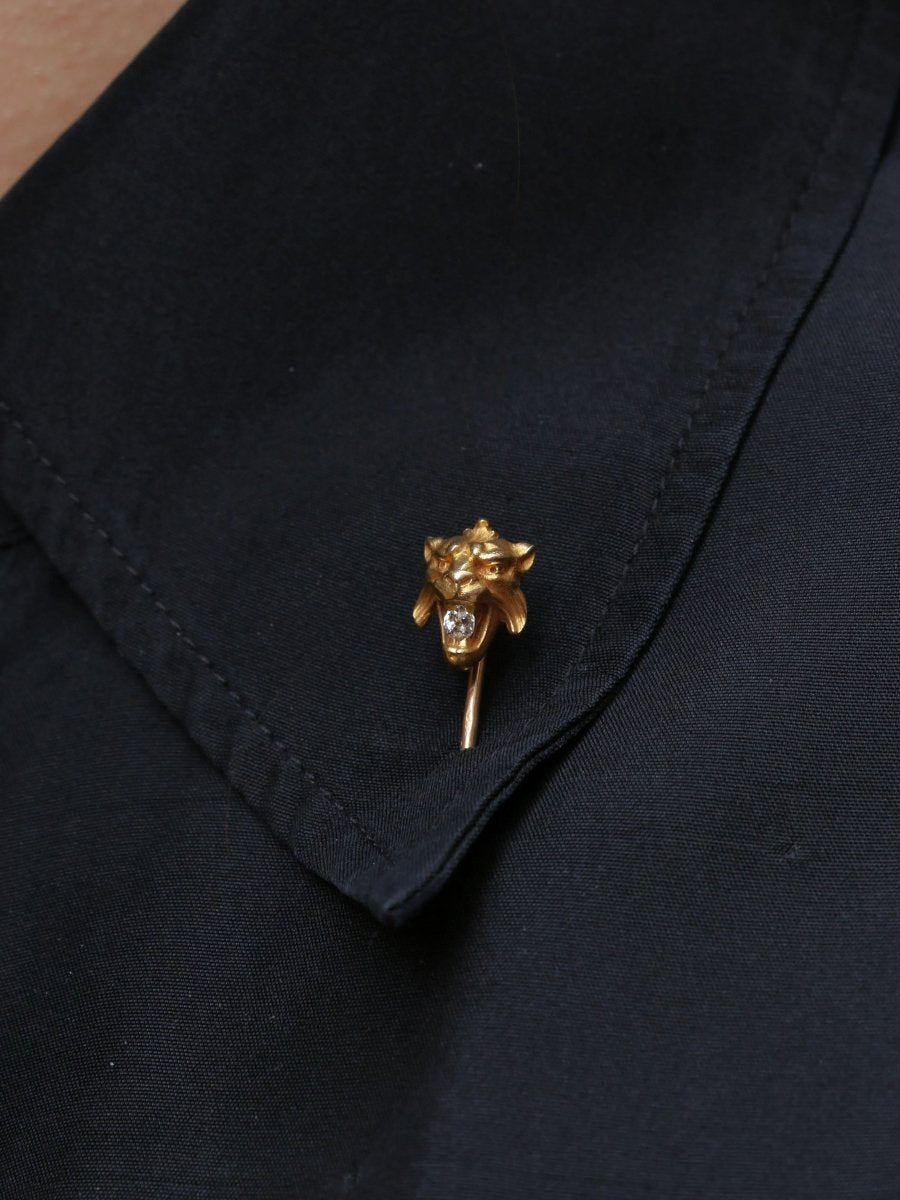 Épingle à cravate tête de félin or jaune diamant taille ancienne - Castafiore