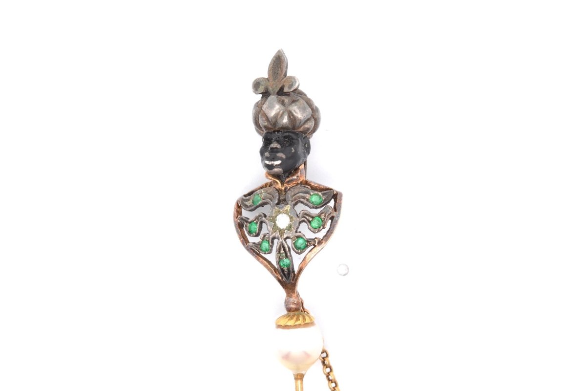 Épingle ancienne en or jaune et argent avec perle fine, diamant et émeraudes - Castafiore