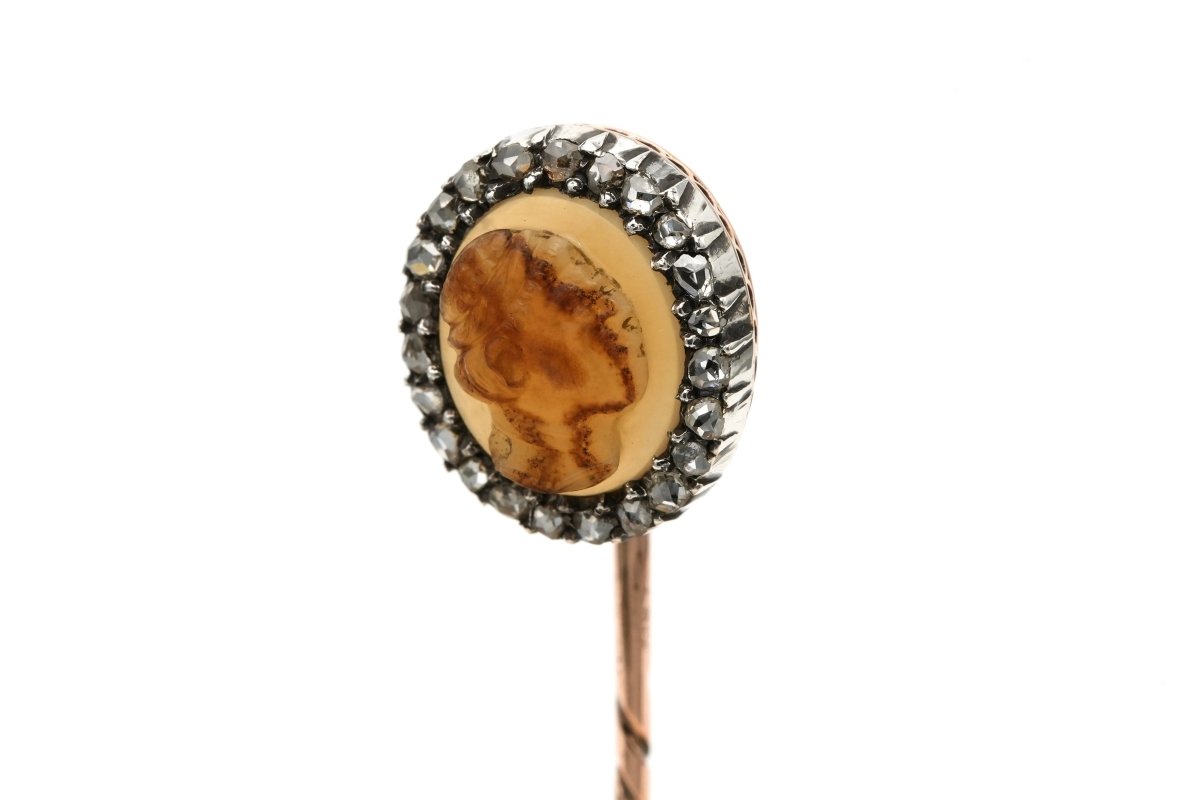 Epingle en or jaune, argent, agate et diamants - Castafiore