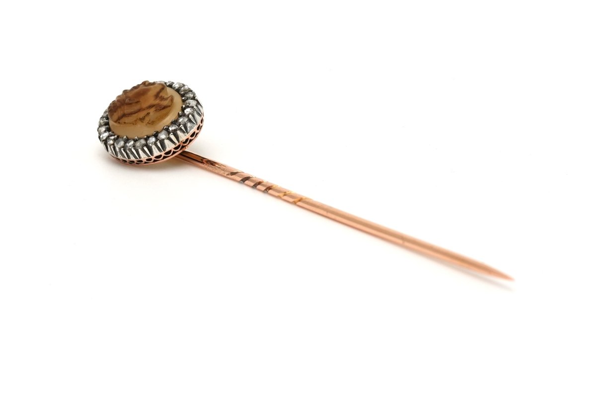 Epingle en or jaune, argent, agate et diamants - Castafiore