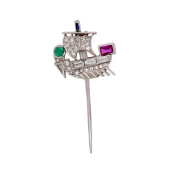 Épingle en platine, rubis, émeraude, saohir et diamants - Castafiore
