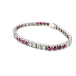 Estate Diamond Ruby Engraved Tennis Gold Bracelet - Castafiore