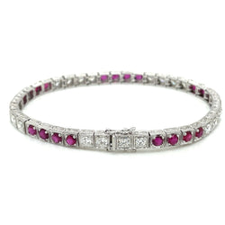 Estate Diamond Ruby Engraved Tennis Gold Bracelet - Castafiore