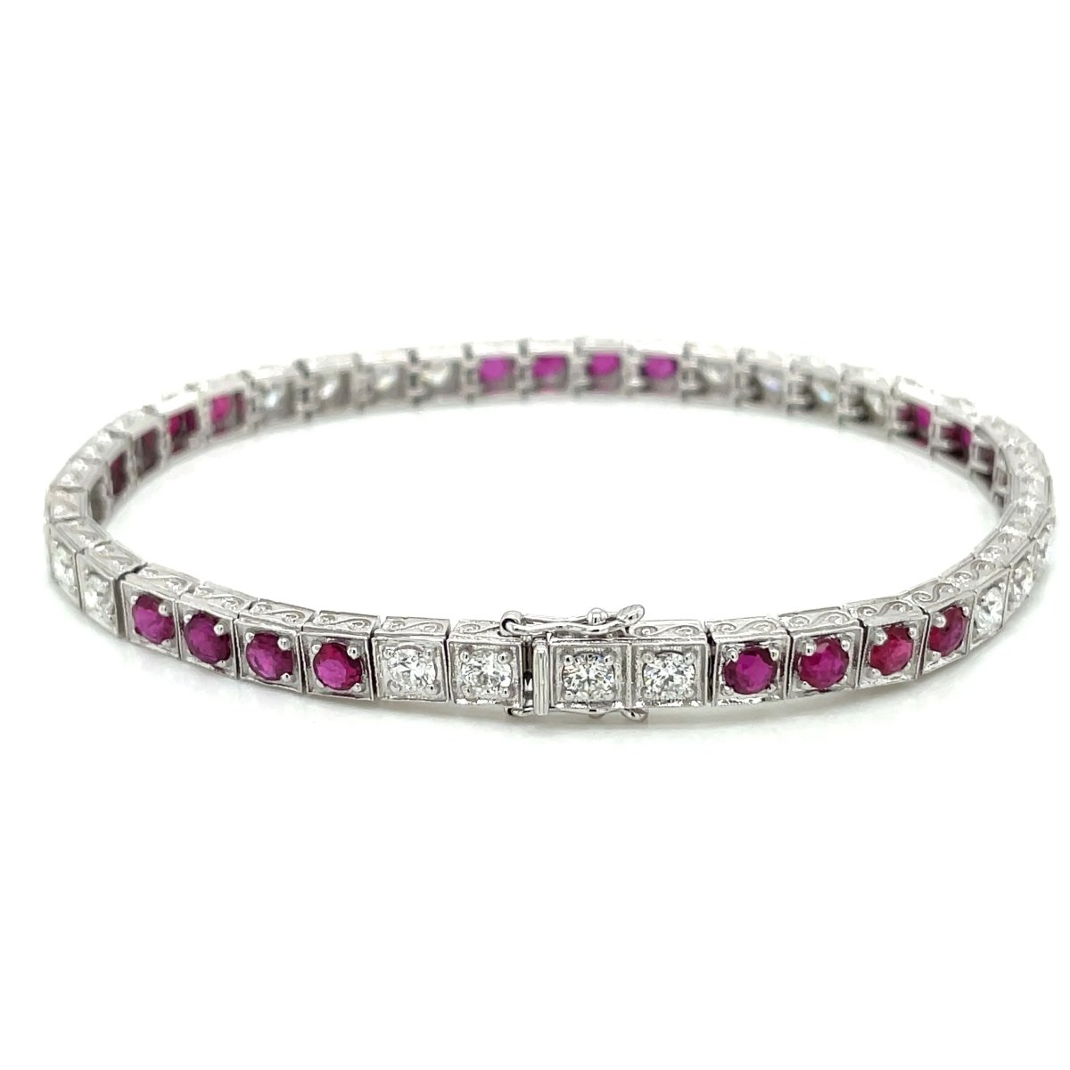 Estate Diamond Ruby Engraved Tennis Gold Bracelet - Castafiore