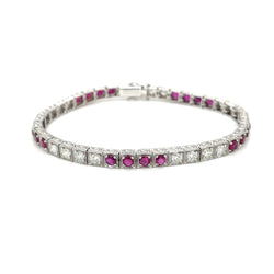 Estate Diamond Ruby Engraved Tennis Gold Bracelet - Castafiore