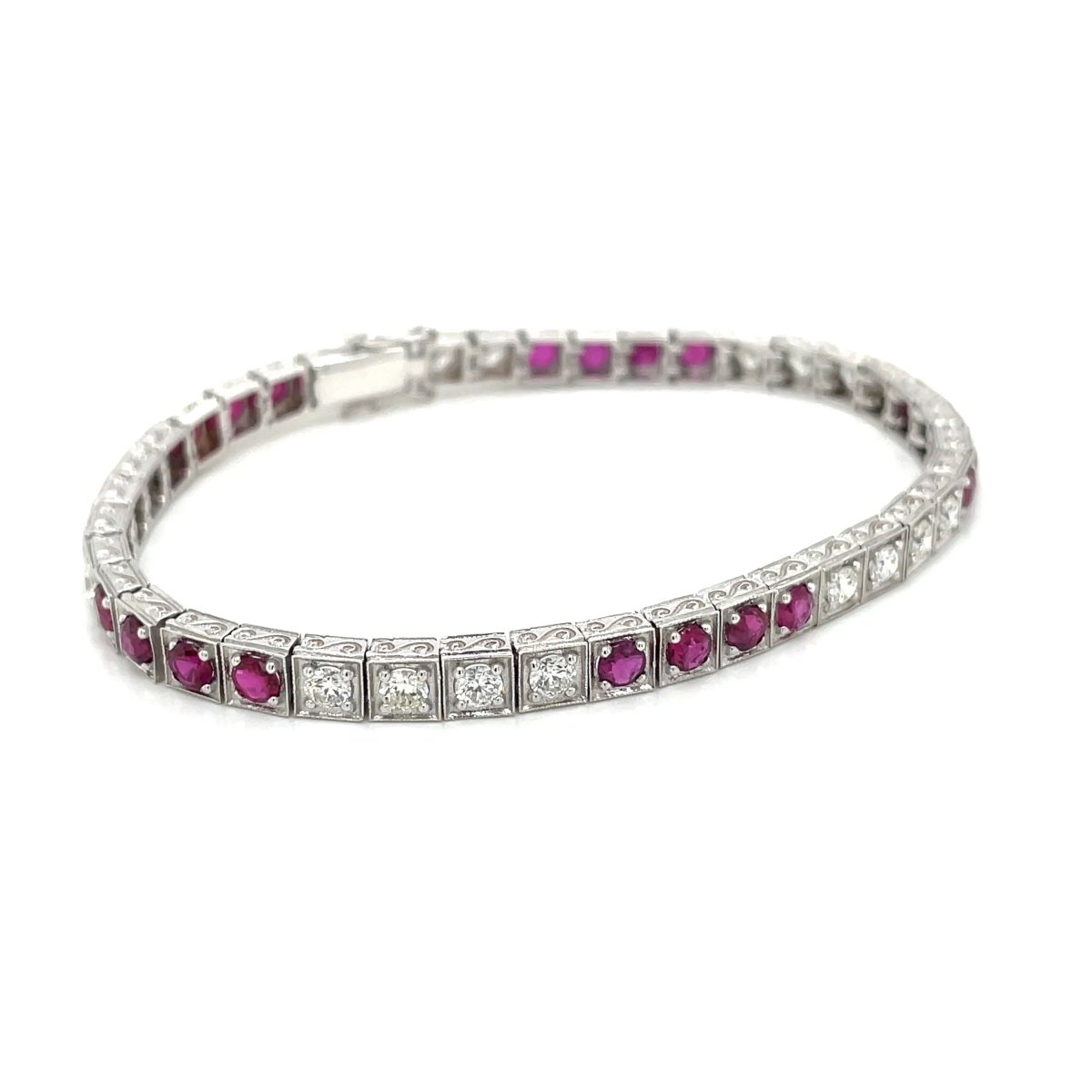Estate Diamond Ruby Engraved Tennis Gold Bracelet - Castafiore