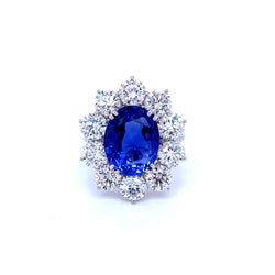 Estate SSEF Certified 7.88 Carat Unheated Sapphire 5 Ct Certified Diamonds Ring - Castafiore