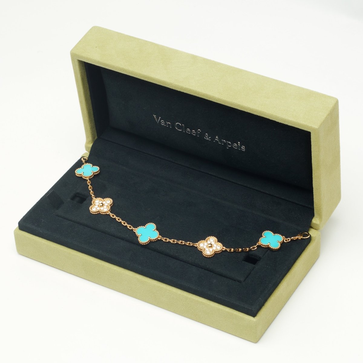 EXTRA RARE Bracelet Van Cleef & Arpels Vintage Alhambra 5 motifs turquoise et diamants - Castafiore