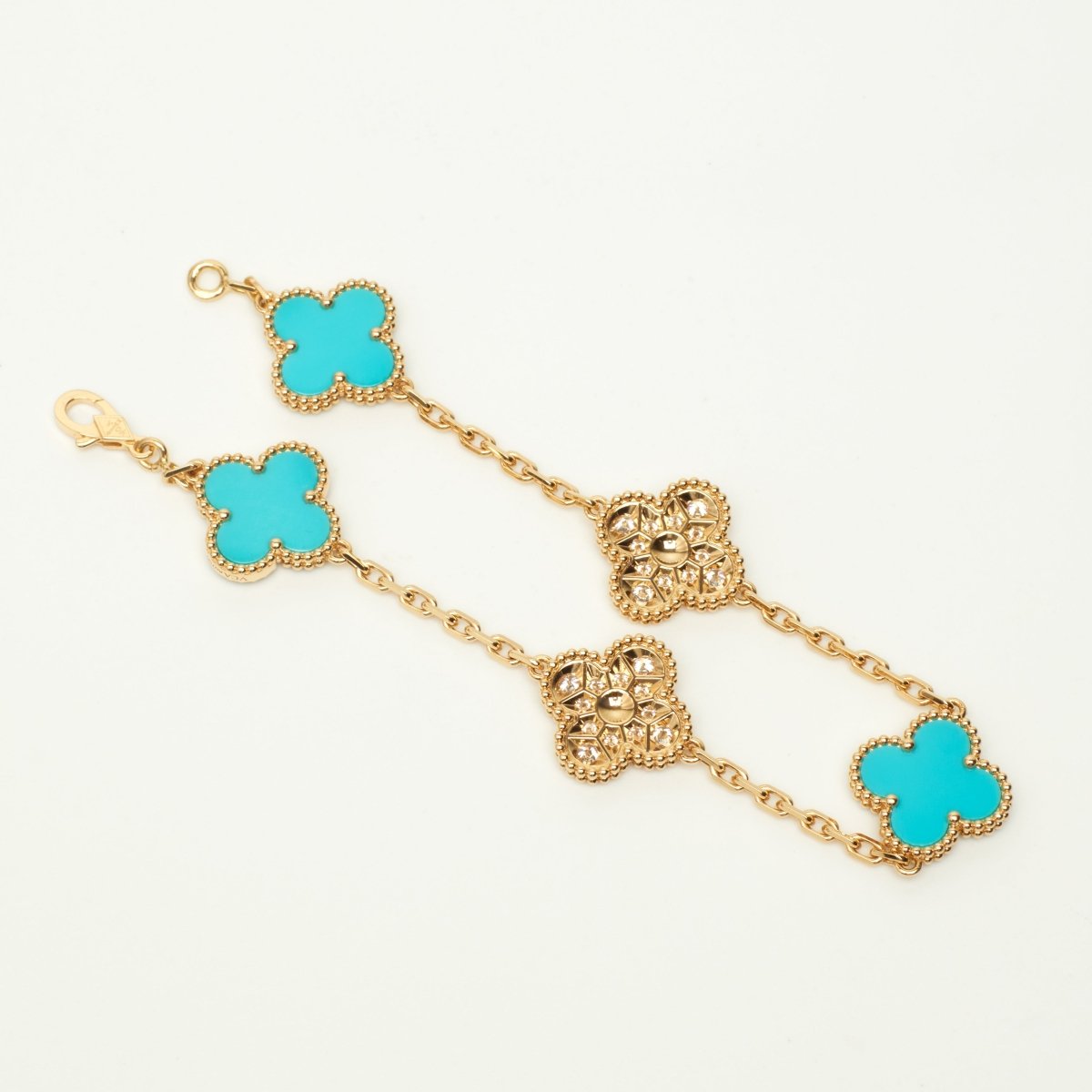EXTRA RARE Bracelet Van Cleef & Arpels Vintage Alhambra 5 motifs turquoise et diamants - Castafiore