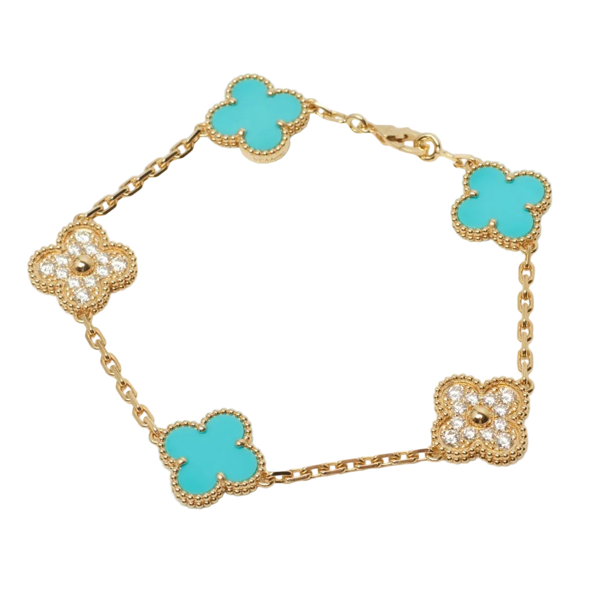 EXTRA RARE Bracelet Van Cleef & Arpels Vintage Alhambra 5 motifs turquoise et diamants - Castafiore