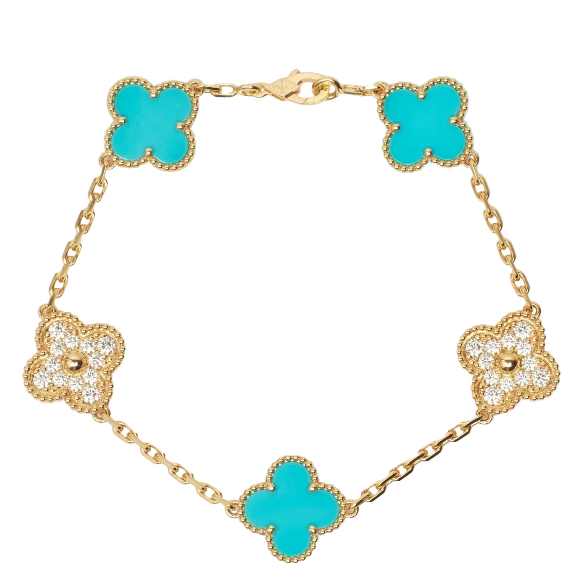 EXTRA RARE Bracelet Van Cleef & Arpels Vintage Alhambra 5 motifs turquoise et diamants - Castafiore