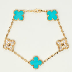 EXTRA RARE Bracelet Van Cleef & Arpels Vintage Alhambra 5 motifs turquoise et diamants - Castafiore
