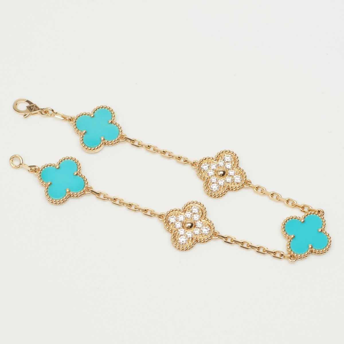 EXTRA RARE Bracelet Van Cleef & Arpels Vintage Alhambra 5 motifs turquoise et diamants - Castafiore