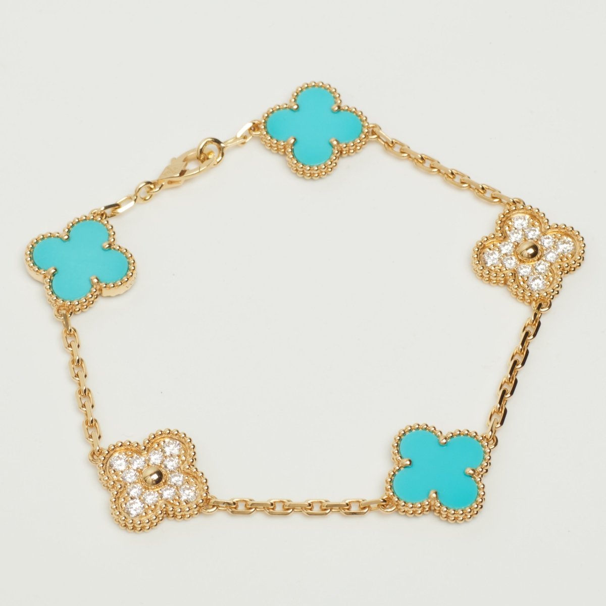 EXTRA RARE Bracelet Van Cleef & Arpels Vintage Alhambra 5 motifs turquoise et diamants - Castafiore