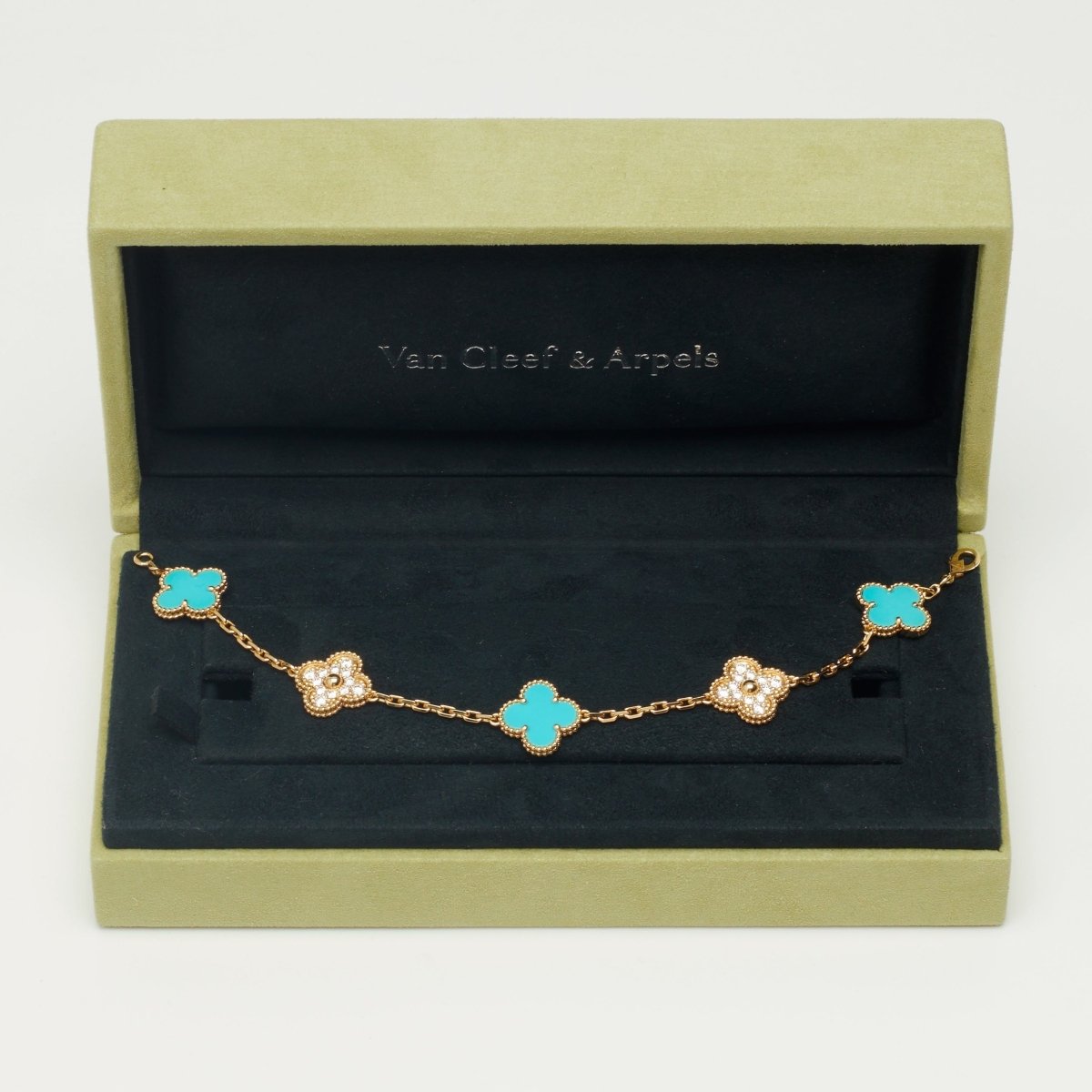 EXTRA RARE Bracelet Van Cleef & Arpels Vintage Alhambra 5 motifs turquoise et diamants - Castafiore