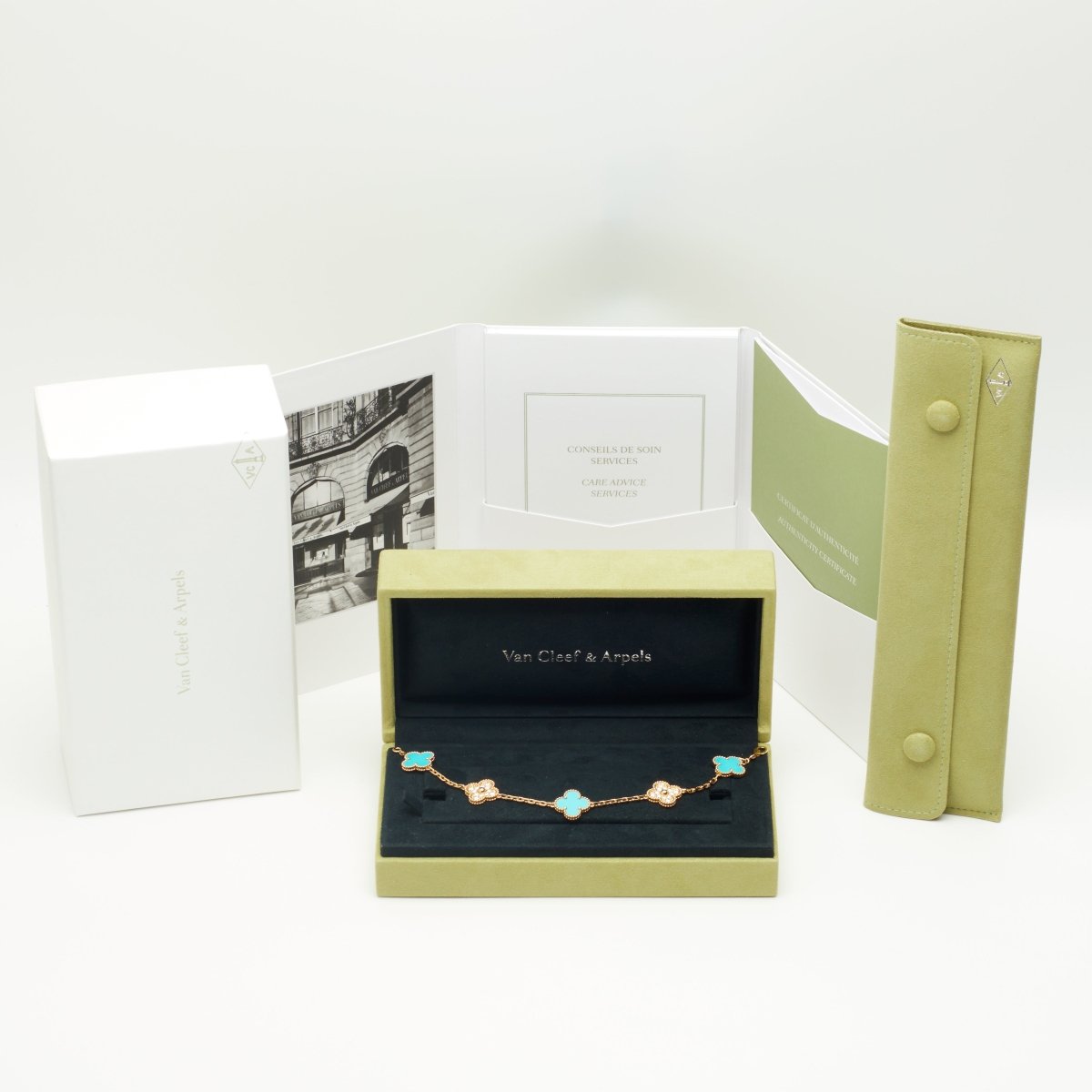 EXTRA RARE Bracelet Van Cleef & Arpels Vintage Alhambra 5 motifs turquoise et diamants - Castafiore