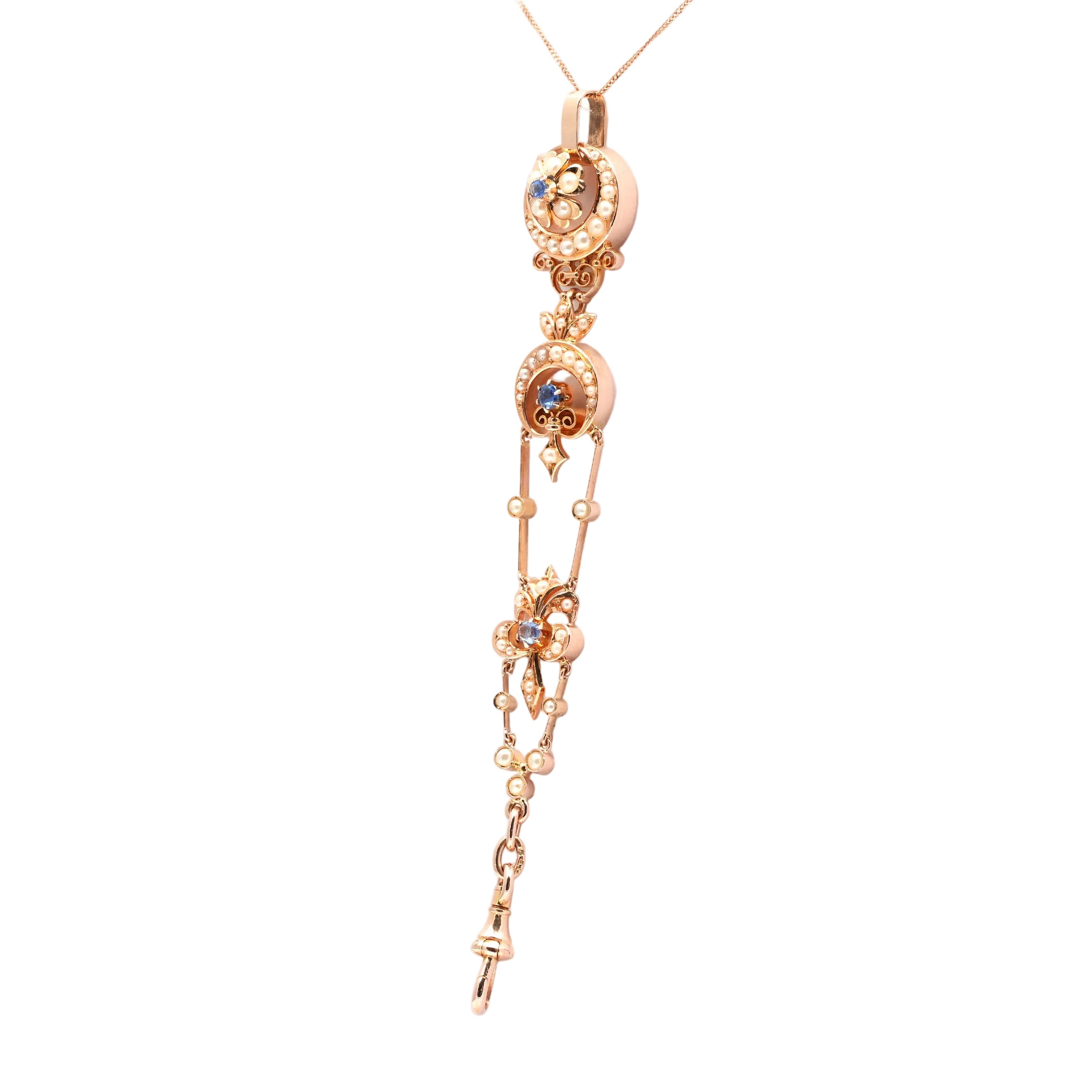 Yellow gold pendant with pearls and sapphires