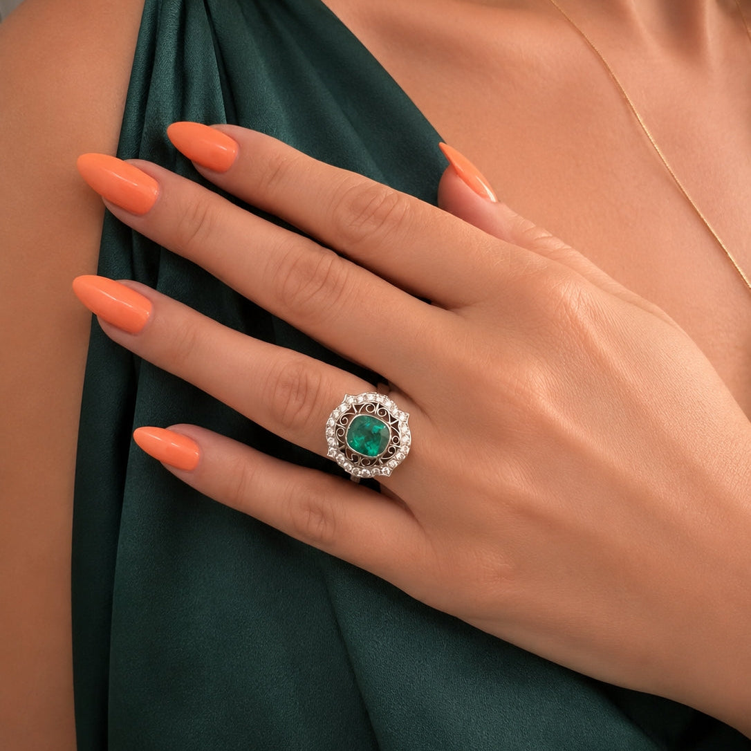 Cocktail Ring in Platinum, Emerald, and Diamonds