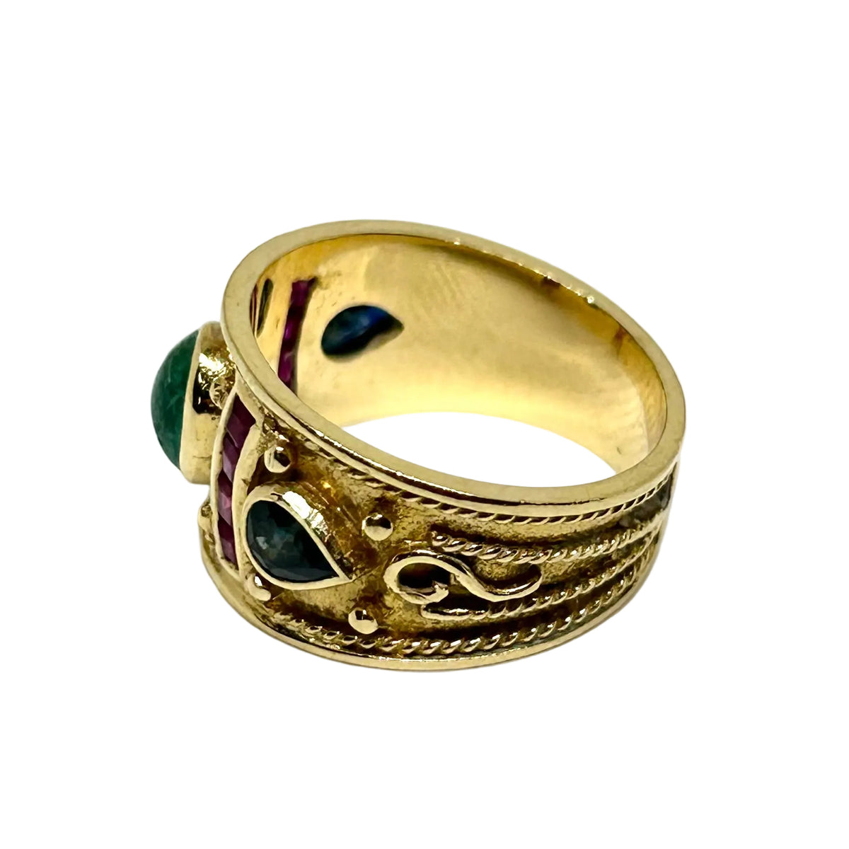 Tank Ring in yellow gold, Emerald, Ruby, and Sapphires