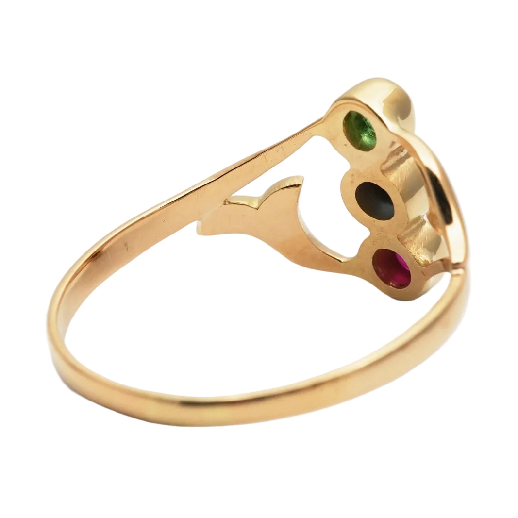 Trilogy Ring in yellow gold, emerald, sapphire, and ruby