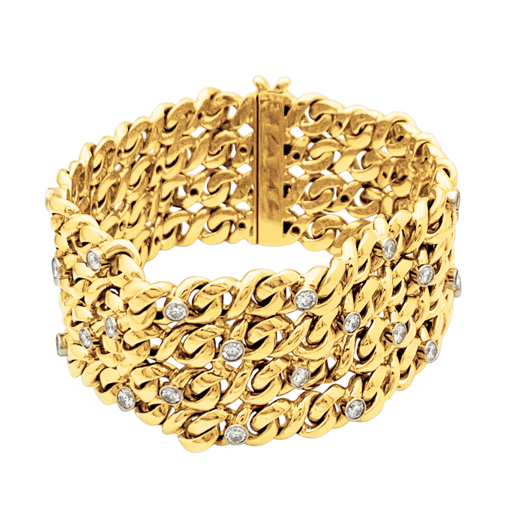 Bracelet ruban 4 rangs, or jaune, platine et diamants.