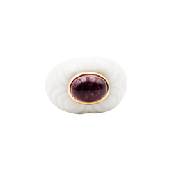 Bague Dôme BULGARI "Chandra" en céramique blanche, or jaune et tourmaline rose