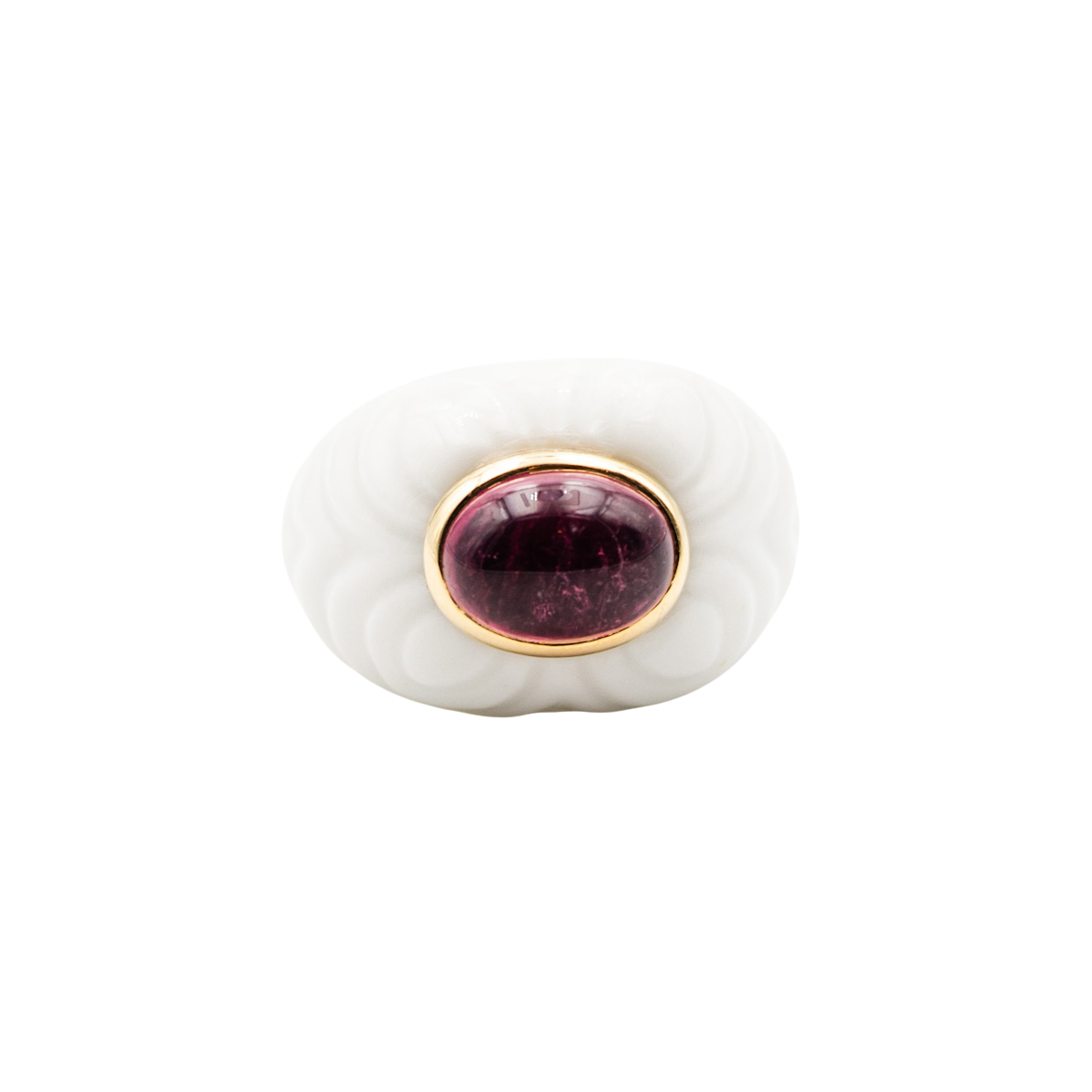 Bague Dôme BULGARI "Chandra" en céramique blanche, or jaune et tourmaline rose