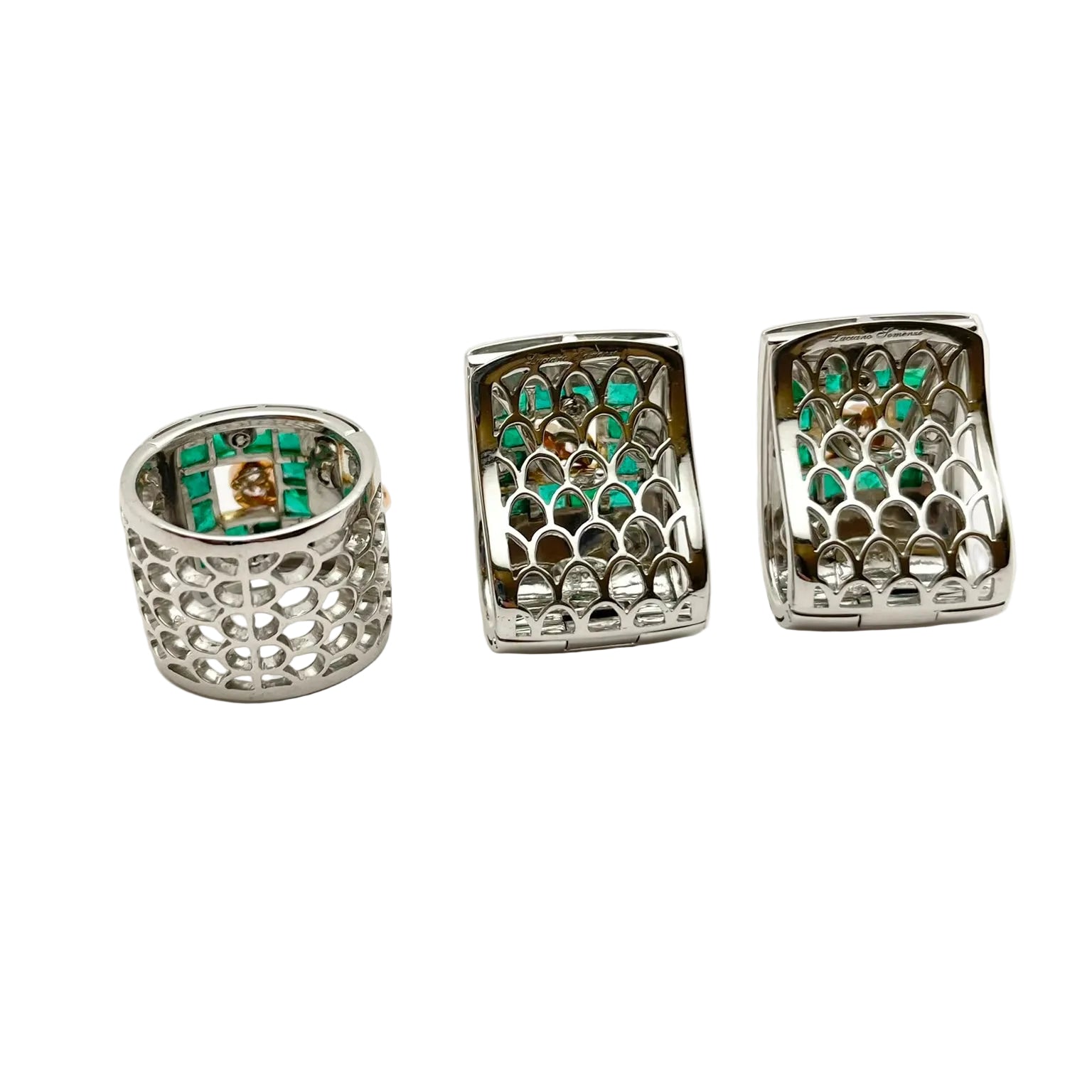 LUCIANO SOMENZI jewelry set in white gold, yellow gold, rose gold, emeralds, and diamonds