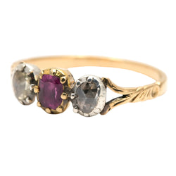 Trilogy Ring in yellow gold, rubies, and diamonds