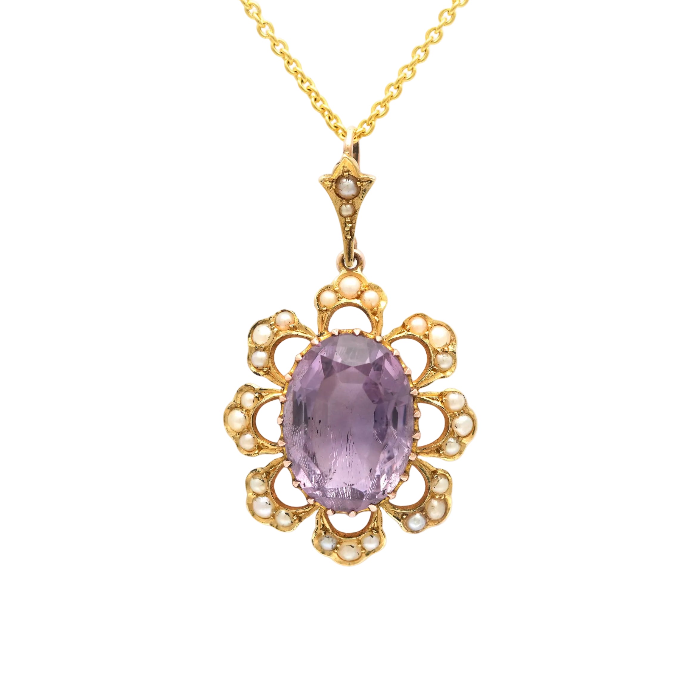Yellow gold pendant with pearls and amethysts