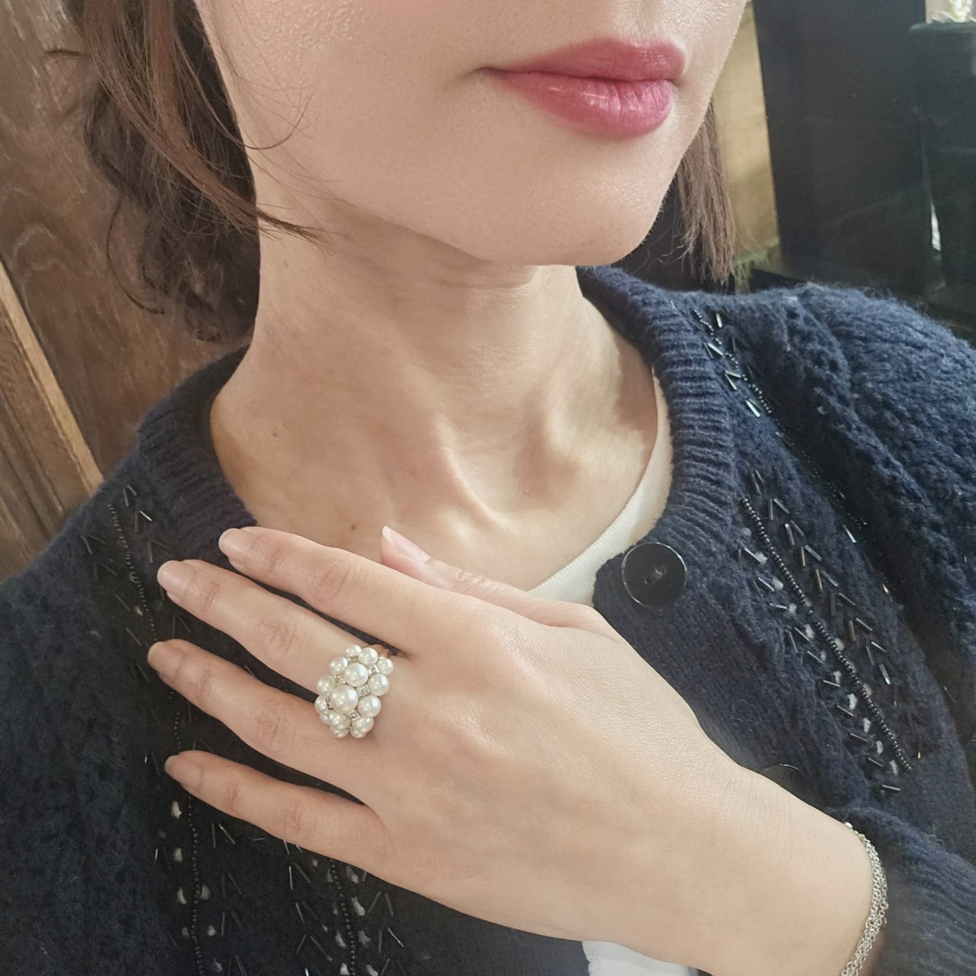 Bague Cocktail Pearl Moon en or jaune, perles et diamants