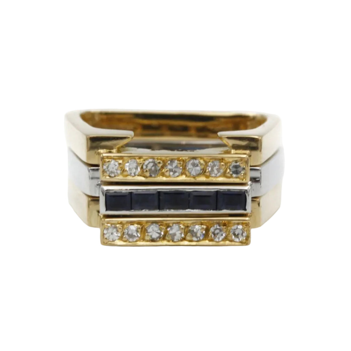 J.VENDOME Tank Rings in white gold, yellow gold, sapphires, and diamonds