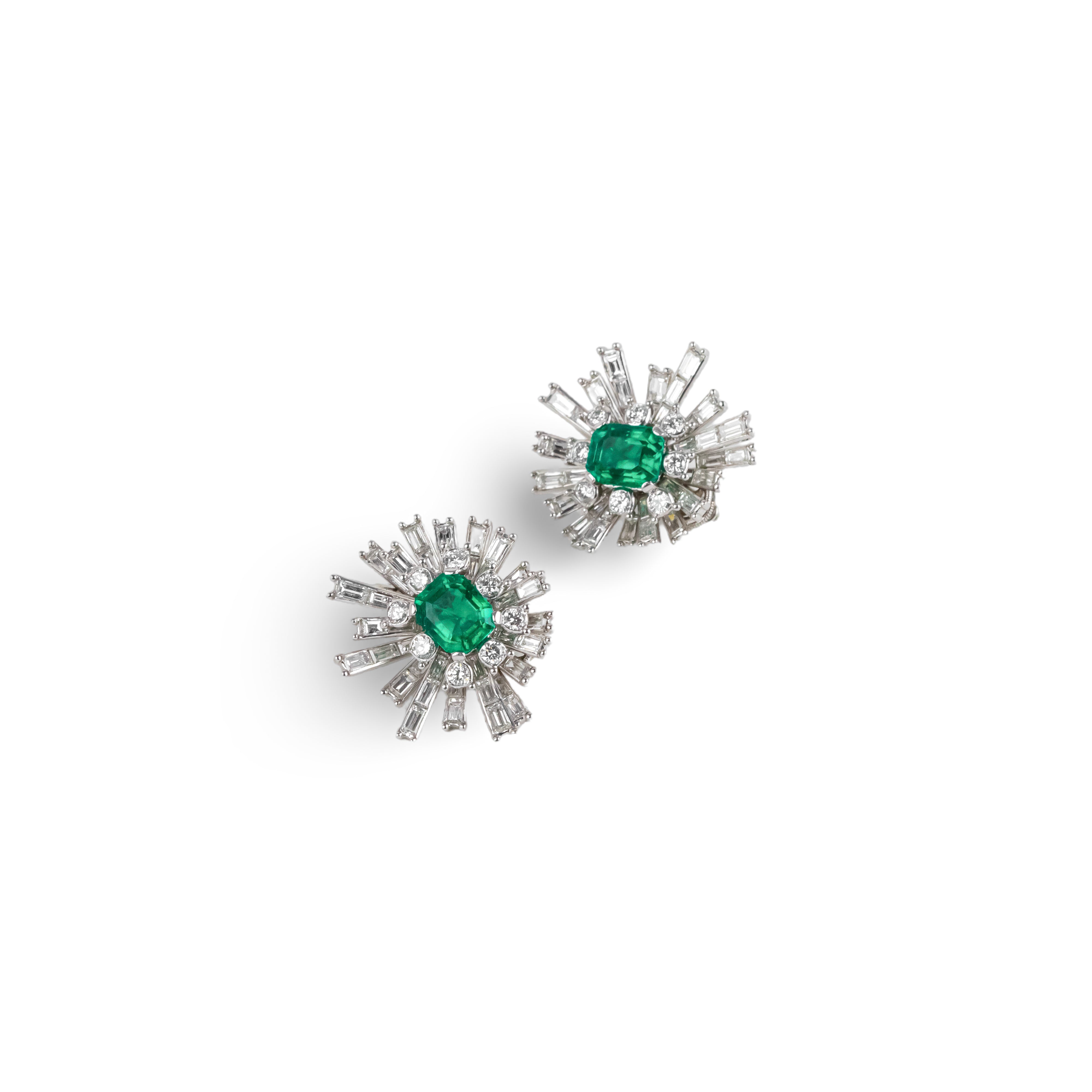 Clip-on earrings in white gold, platinum, Colombian emeralds, and diamonds