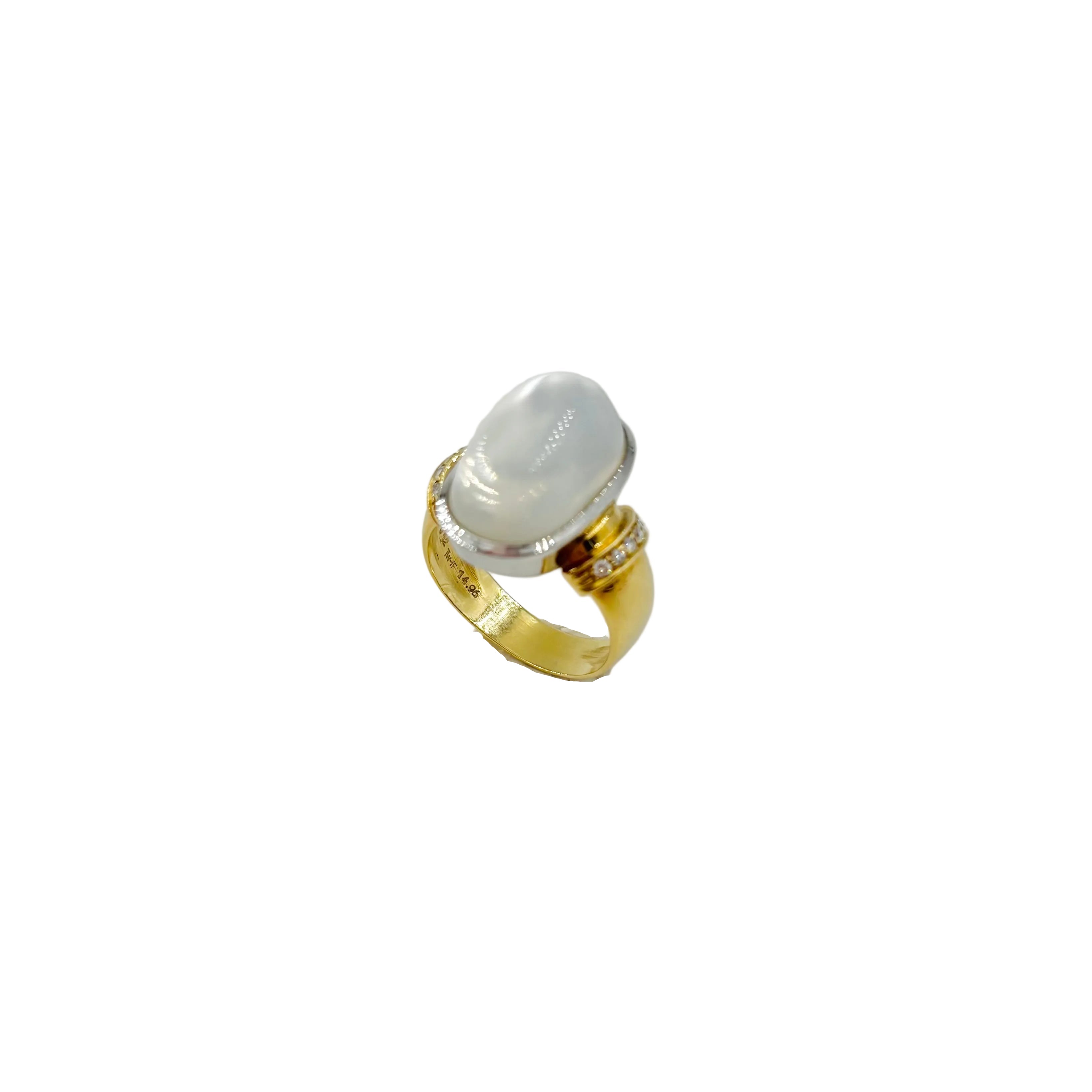 Solitaire Ring in yellow gold, white gold, moonstone, and diamonds