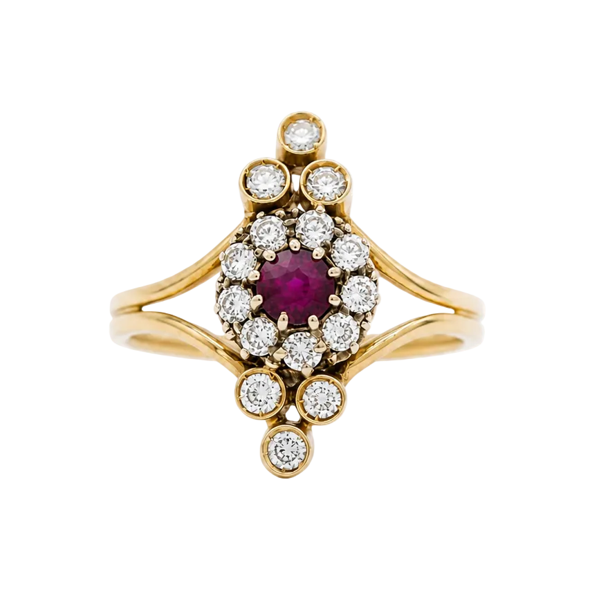 Bague Marquise en or jaune, rubis et diamants