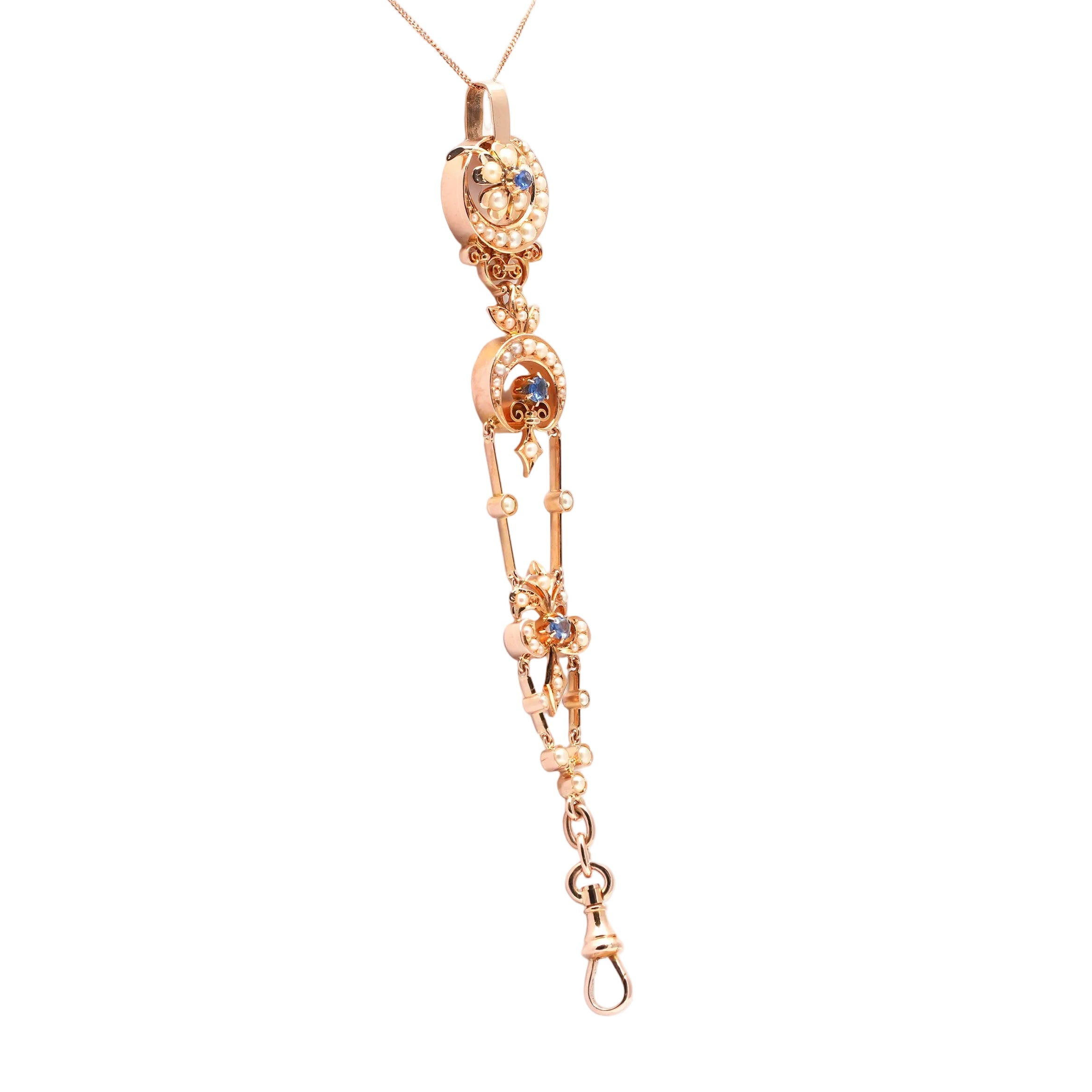 Yellow gold pendant with pearls and sapphires