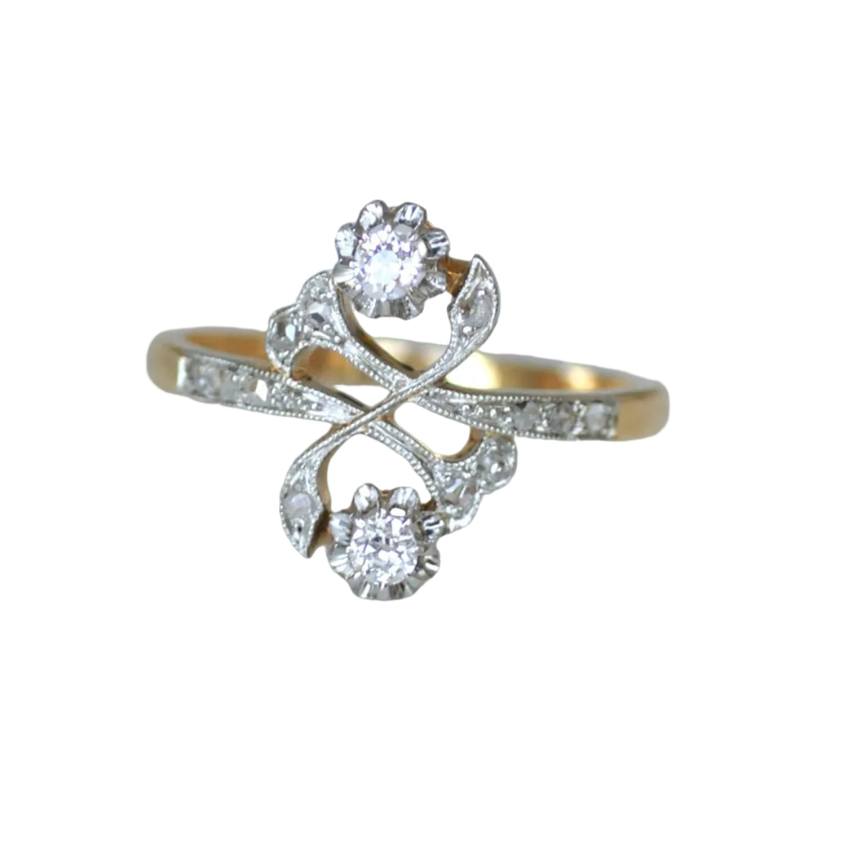 Bague Toi & Moi en or jaune, platine et diamants