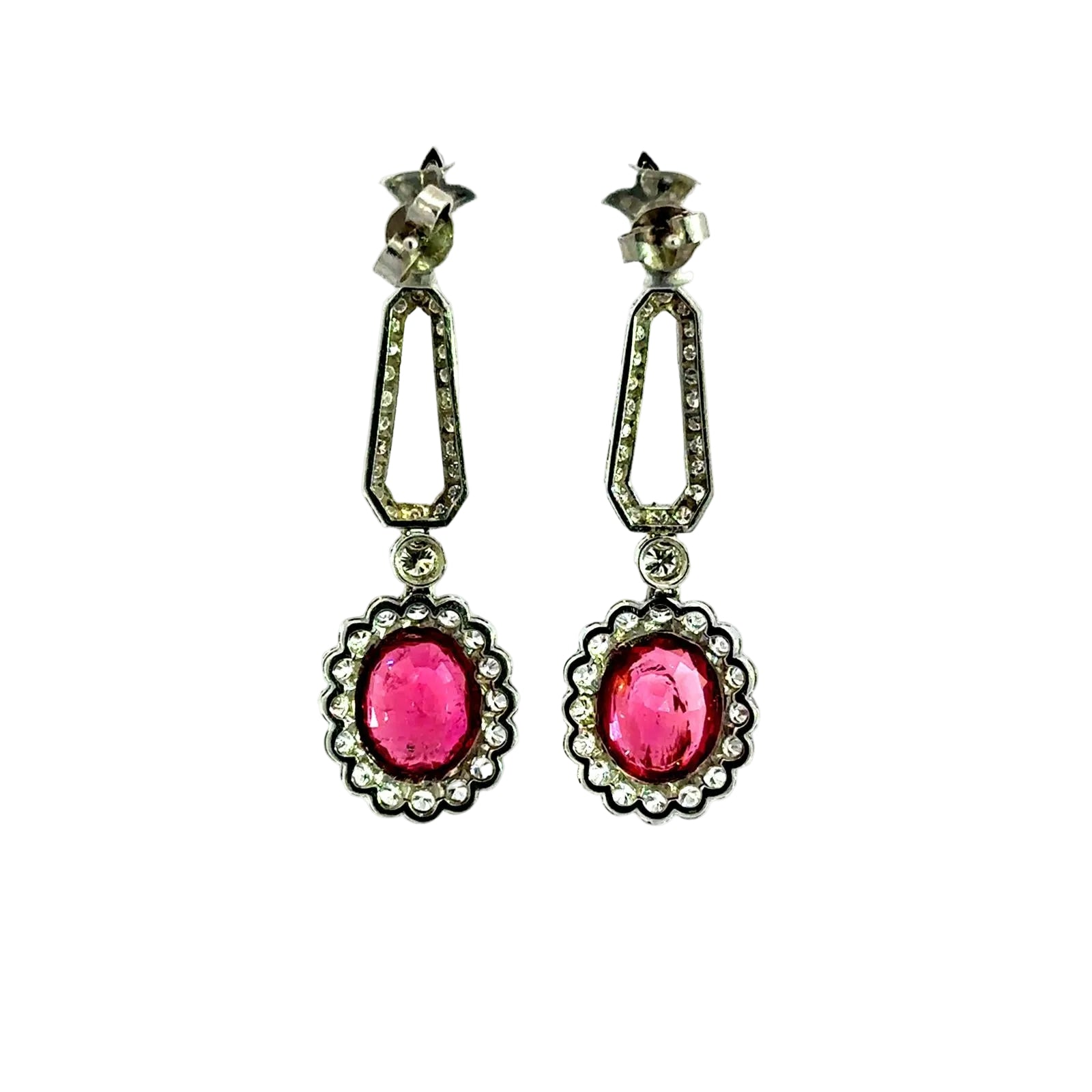 Earrings Pendent in white gold, rubellites and diamonds