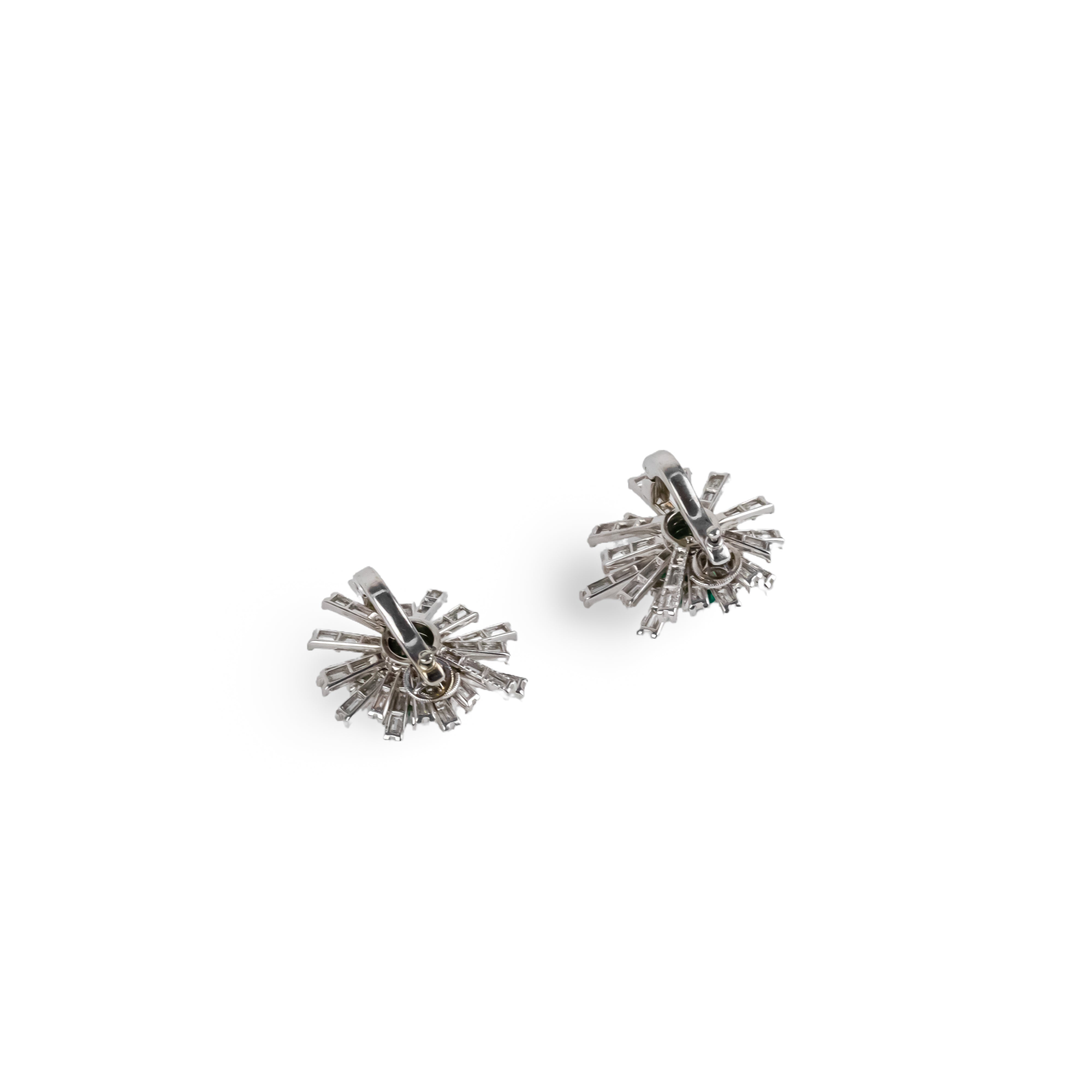 Clip-on earrings in white gold, platinum, Colombian emeralds, and diamonds