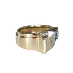 Tank Ring in yellow gold, platinum, aquamarine, and diamonds
