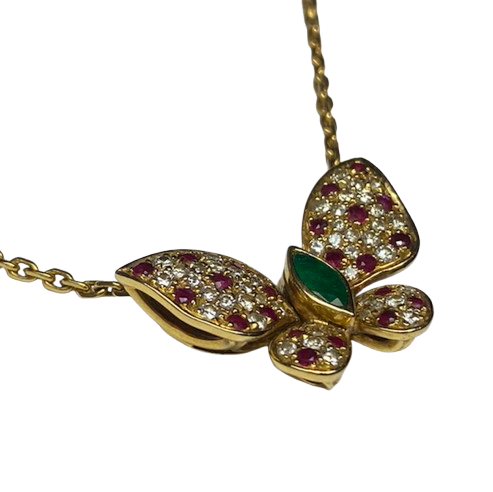 FRED "Articulated Butterfly" Pendant Necklace in yellow gold, rubies, emeralds, and diamonds