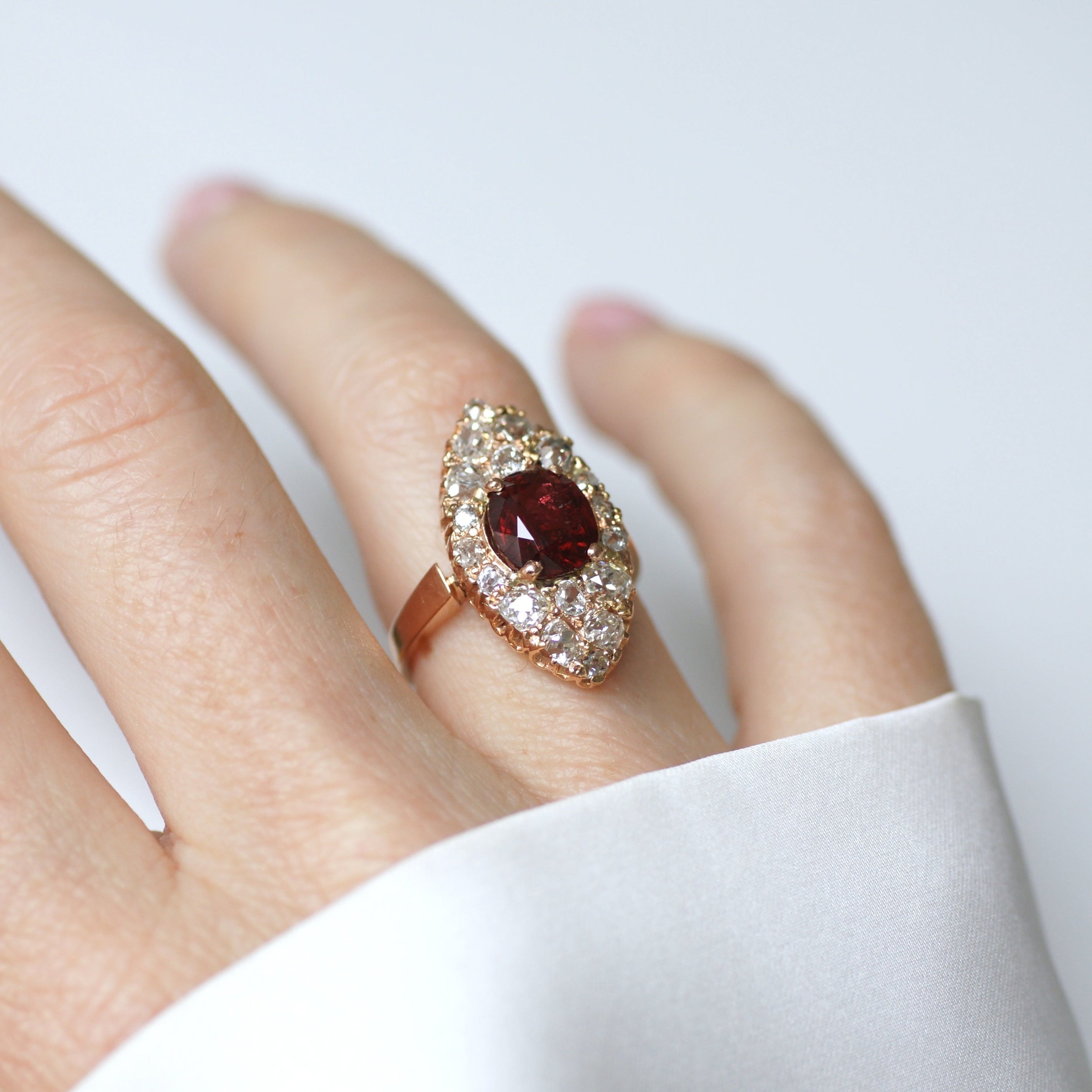 Vintage Marquise Ring with Red Spinel and Diamonds on Rose gold