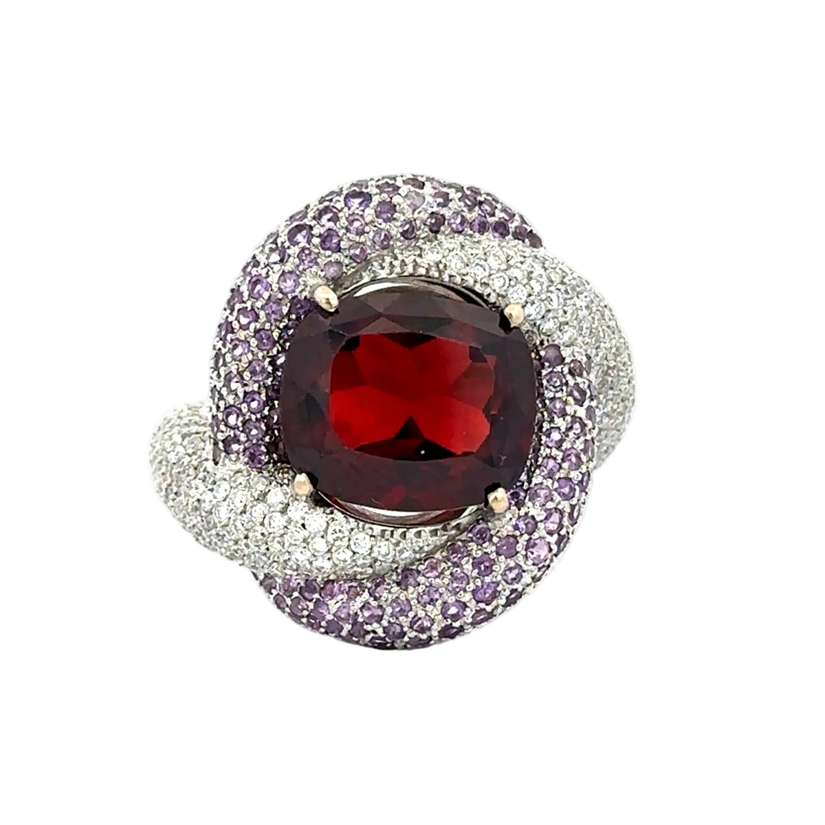 "Entourage" Ring in White Gold, Garnet, Amethyst, and Diamonds