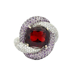 "Entourage" Ring in White Gold, Garnet, Amethyst, and Diamonds