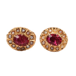 Yellow Gold Stud Earrings with Pearls and Rubies